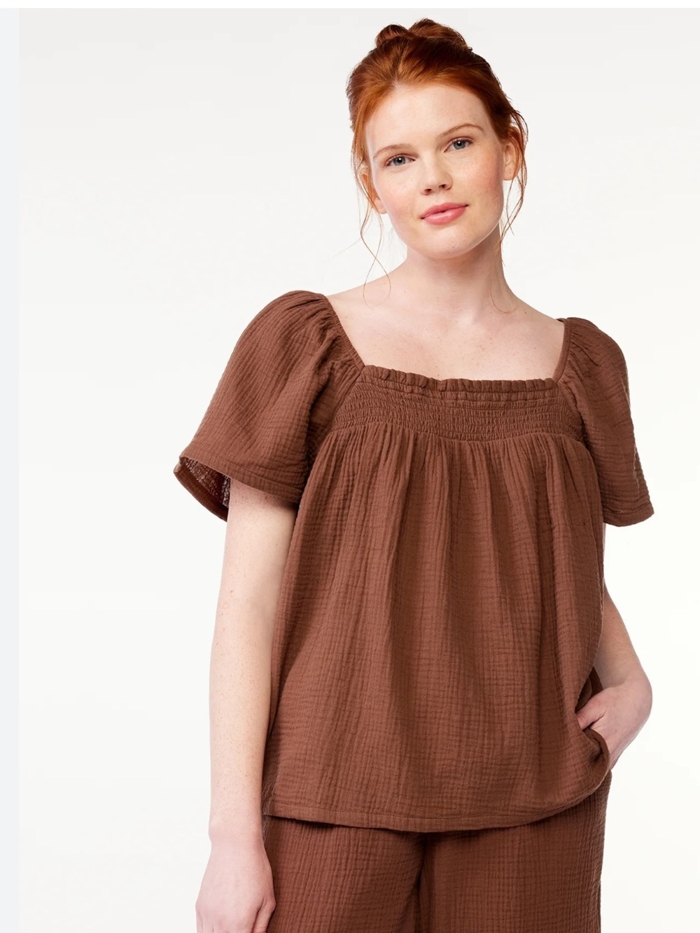 Smocked Square Neck Puff Sleeve Top - Brown
